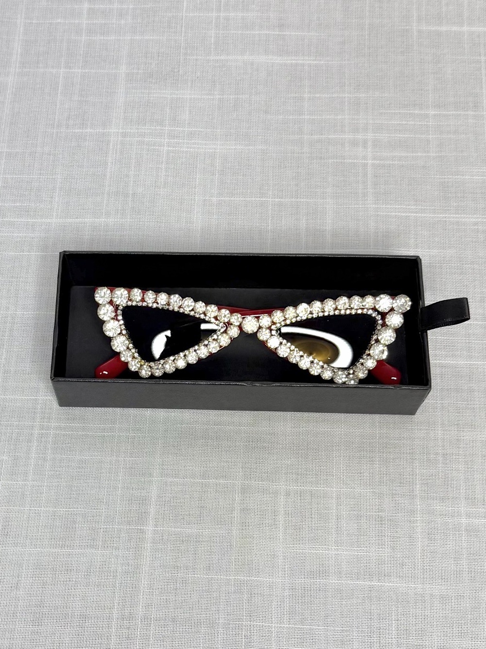 Red Rhinestone Cat Eye Sunglasses | Retro Glam Crystal Frames - Picture 3 of 4